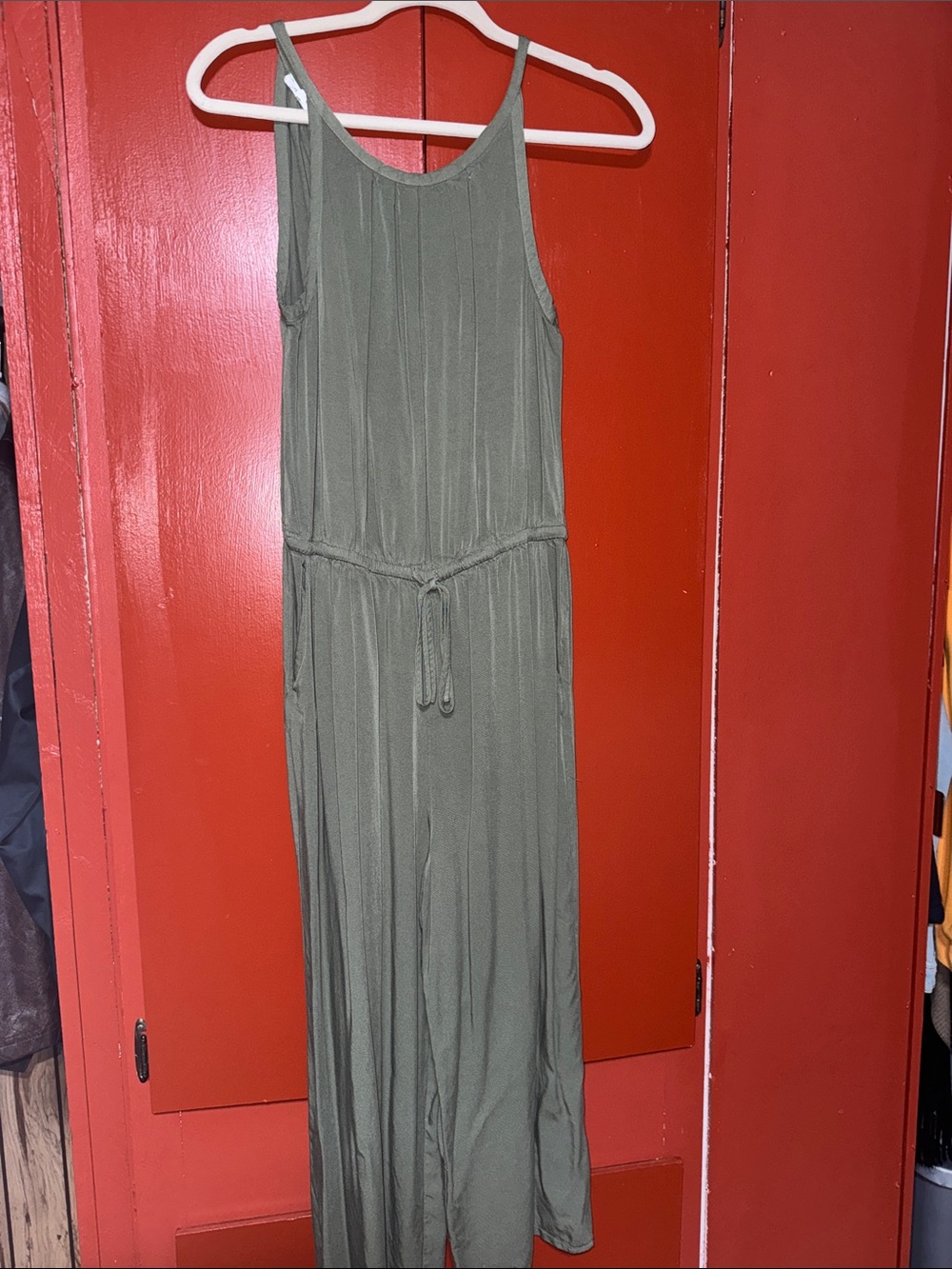 Maurices Olive Jumpsuit with Adjustable Waist Tie